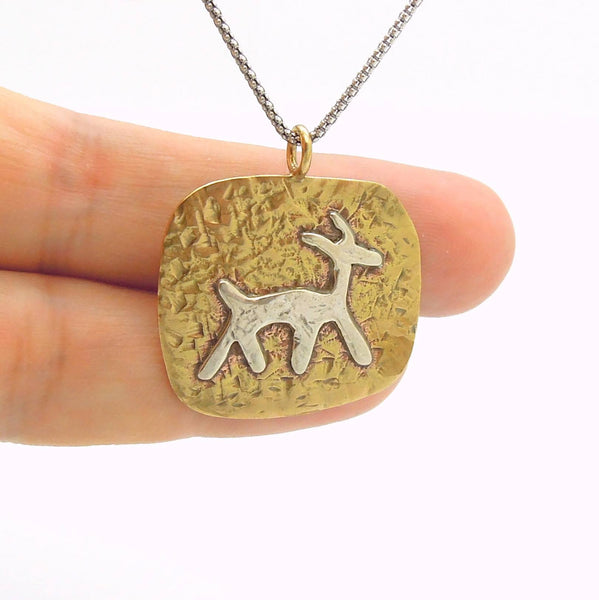 Necklace - Brass Pendant Necklace With A Silver Animal Figure