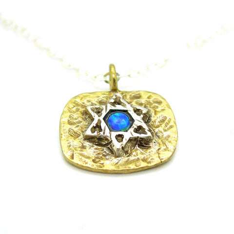 Necklace - Brass Pendant Necklace With Star Of David And Opal