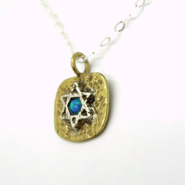 Necklace - Brass Pendant Necklace With Star Of David And Opal