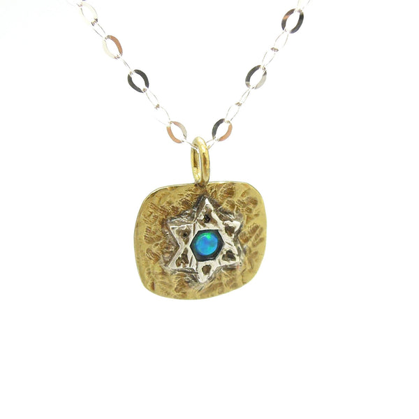 Necklace - Brass Pendant Necklace With Star Of David And Opal
