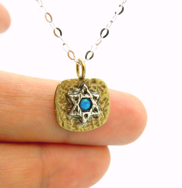 Necklace - Brass Pendant Necklace With Star Of David And Opal