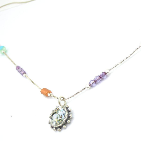Necklace - Crystal Necklace With A Silver Pendant Set With Roman Glass