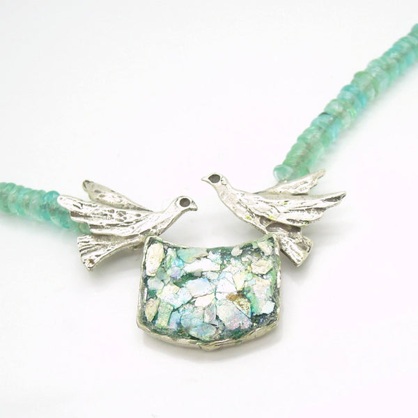 Necklace - Dove Necklace With 2 Silver Doves And Roman Glass