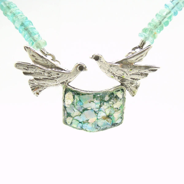 Necklace - Dove Necklace With 2 Silver Doves And Roman Glass