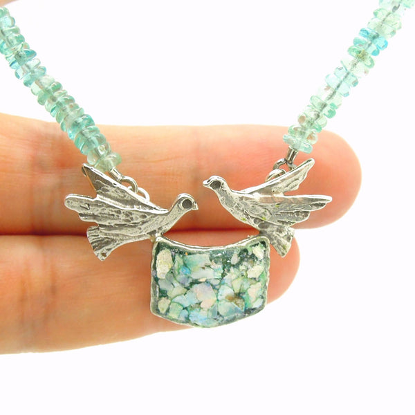 Necklace - Dove Necklace With 2 Silver Doves And Roman Glass