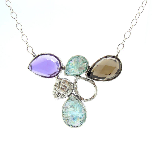 Necklace - Drop Shaped Necklace With Roman Glass, Smokey Quartz And Purple Quartz Set In Silver