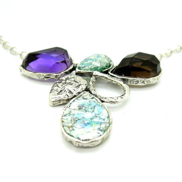 Necklace - Drop Shaped Necklace With Roman Glass, Smokey Quartz And Purple Quartz Set In Silver