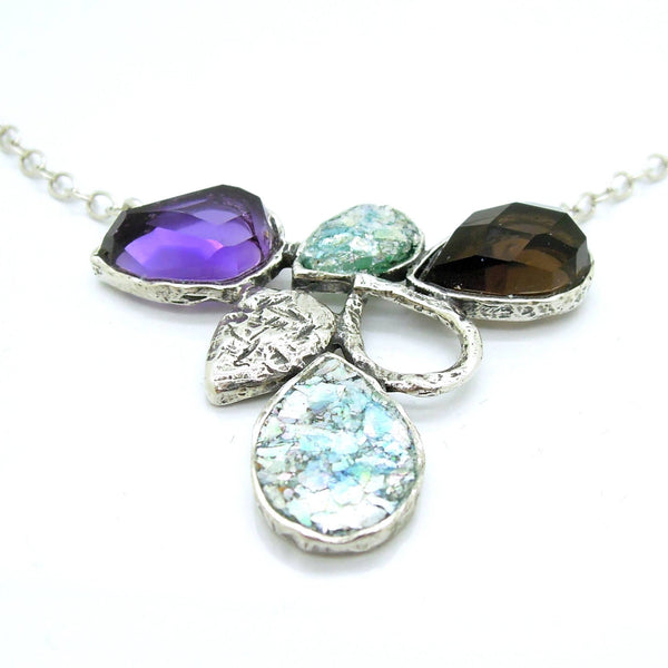 Necklace - Drop Shaped Necklace With Roman Glass, Smokey Quartz And Purple Quartz Set In Silver