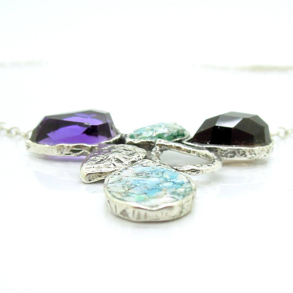 Necklace - Drop Shaped Necklace With Roman Glass, Smokey Quartz And Purple Quartz Set In Silver