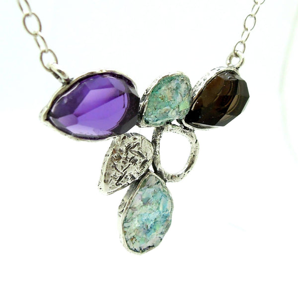 Necklace - Drop Shaped Necklace With Roman Glass, Smokey Quartz And Purple Quartz Set In Silver