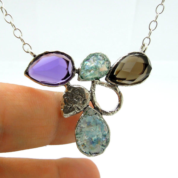 Necklace - Drop Shaped Necklace With Roman Glass, Smokey Quartz And Purple Quartz Set In Silver