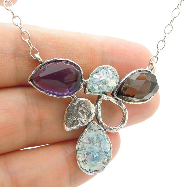 Necklace - Drop Shaped Necklace With Roman Glass, Smokey Quartz And Purple Quartz Set In Silver