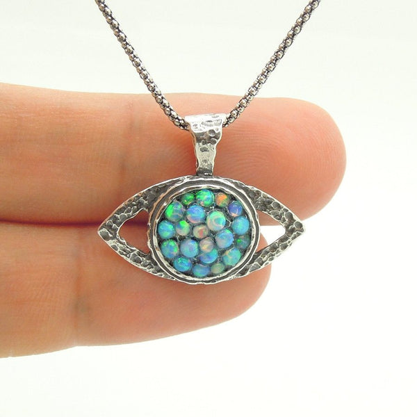 Necklace - Eye Shaped Sterling Silver Pendant With Mosaic Opal