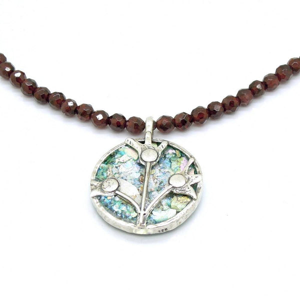 Necklace - Garnet Beads Necklace With Silver Flowers & Roman Glass