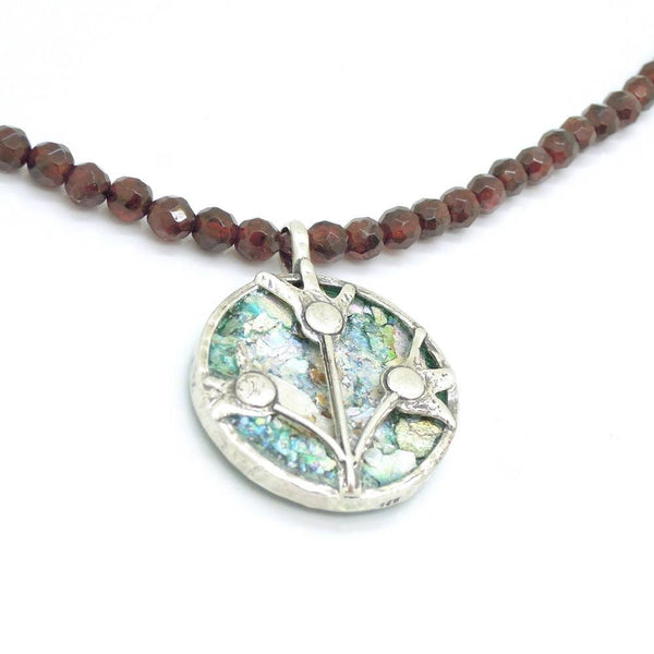 Necklace - Garnet Beads Necklace With Silver Flowers & Roman Glass