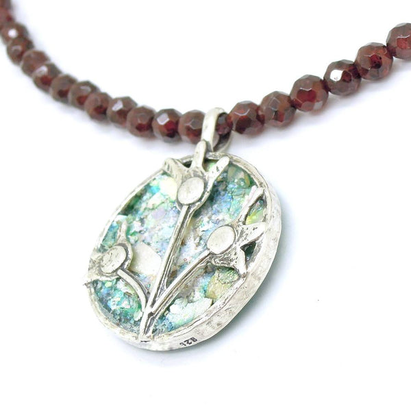 Necklace - Garnet Beads Necklace With Silver Flowers & Roman Glass