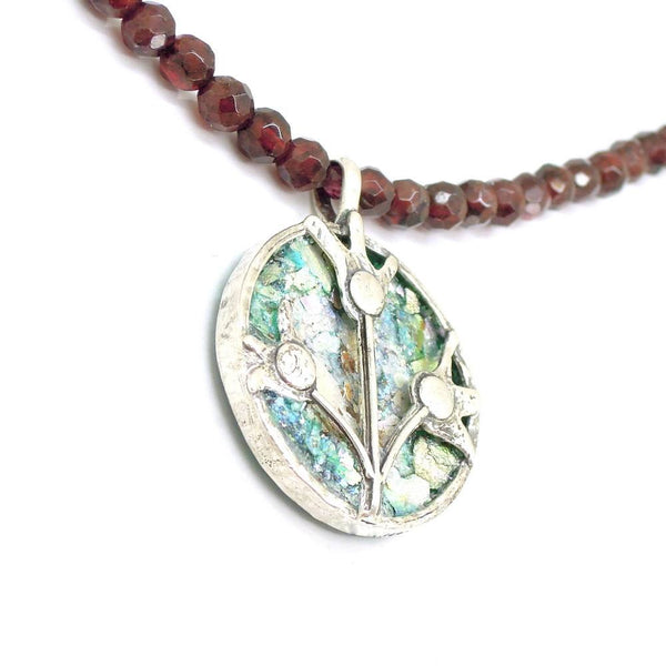 Necklace - Garnet Beads Necklace With Silver Flowers & Roman Glass