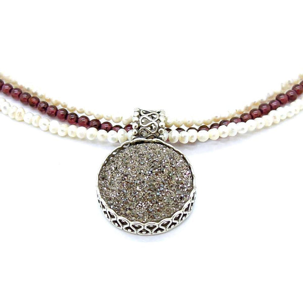 Necklace - Garnet & Pearl Necklace With Platinum Druzy In Silver