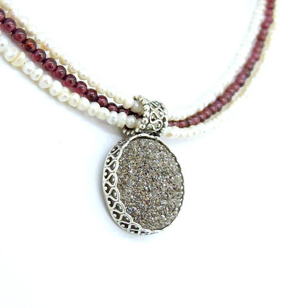 Necklace - Garnet & Pearl Necklace With Platinum Druzy In Silver