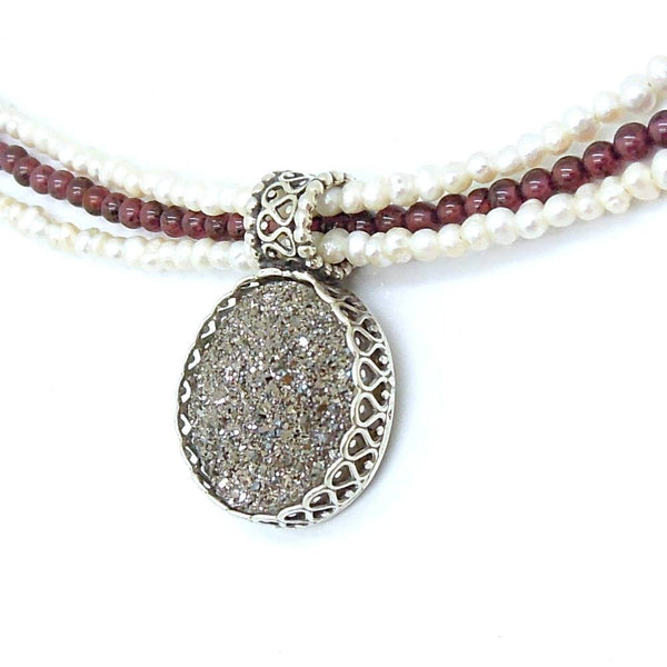 Necklace - Garnet & Pearl Necklace With Platinum Druzy In Silver