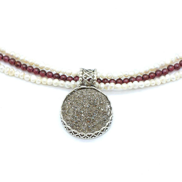 Necklace - Garnet & Pearl Necklace With Platinum Druzy In Silver