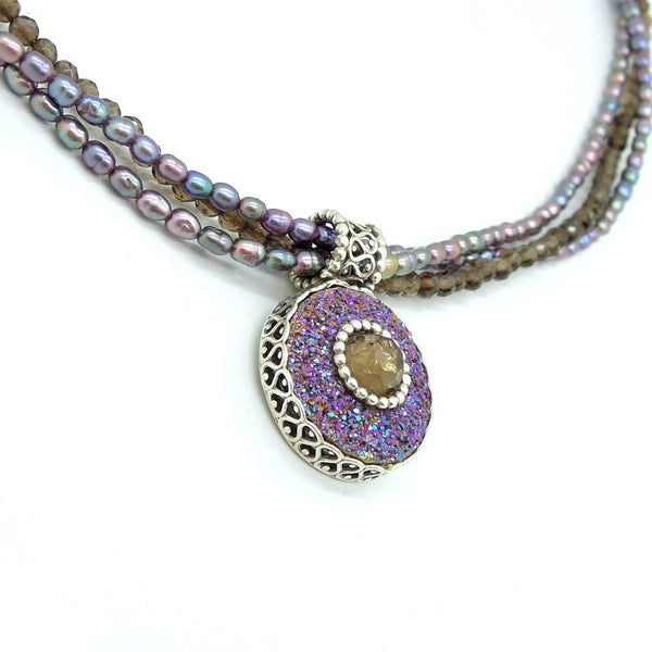 Necklace - Grey Pearl Necklace With Druzy Agate & Smoky Set In Silver