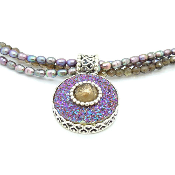 Necklace - Grey Pearl Necklace With Druzy Agate & Smoky Set In Silver