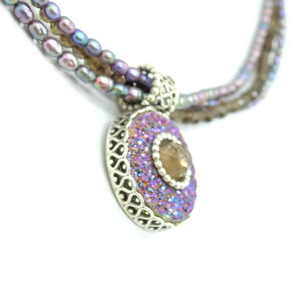 Necklace - Grey Pearl Necklace With Druzy Agate & Smoky Set In Silver