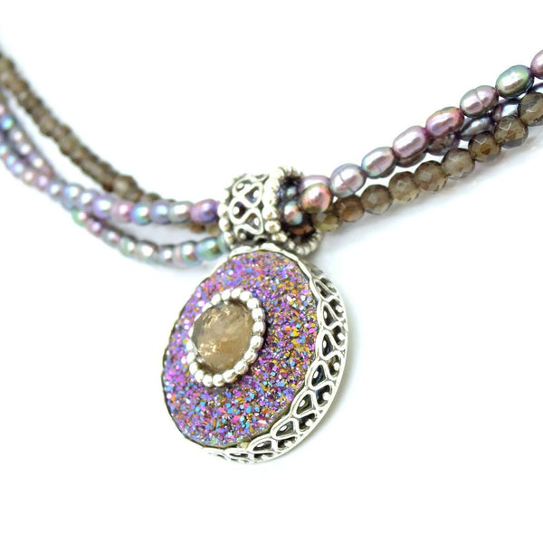 Necklace - Grey Pearl Necklace With Druzy Agate & Smoky Set In Silver