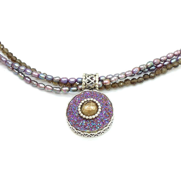 Necklace - Grey Pearl Necklace With Druzy Agate & Smoky Set In Silver