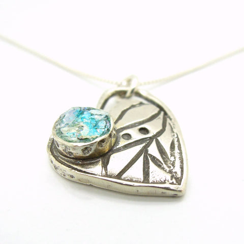 Necklace - Heart Pendant With Patterns And Roman Glass On Sterling Silver
