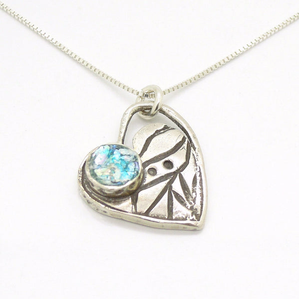 Necklace - Heart Pendant With Patterns And Roman Glass On Sterling Silver