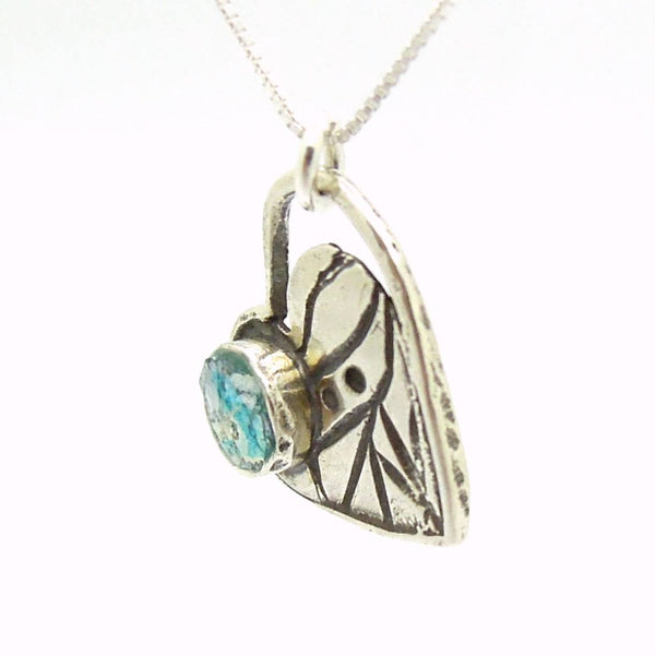 Necklace - Heart Pendant With Patterns And Roman Glass On Sterling Silver