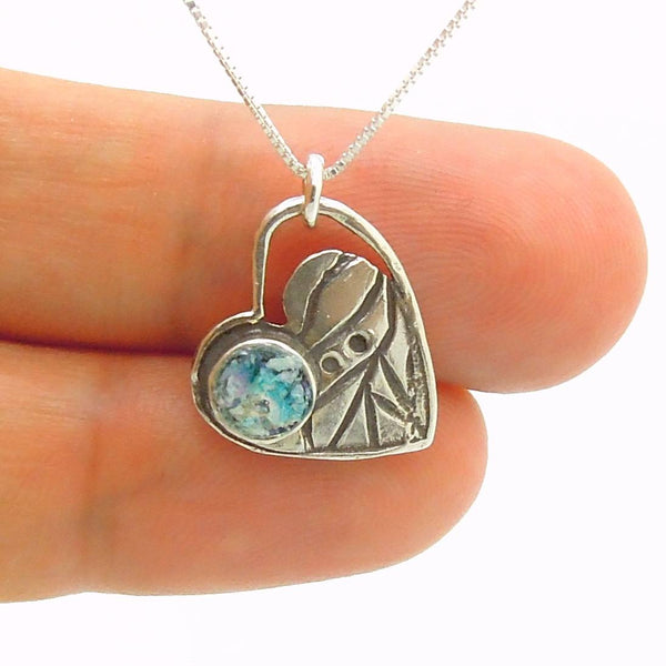 Necklace - Heart Pendant With Patterns And Roman Glass On Sterling Silver