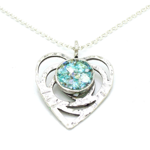 Necklace - Heart Pendant With Unique Patterns And Roman Glass