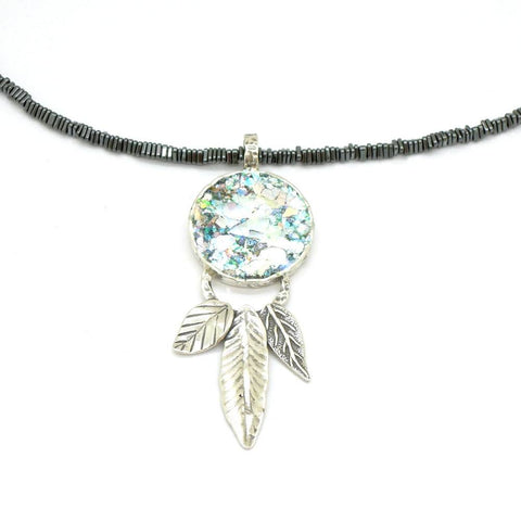 Necklace - Hematite Necklace With Roman Glass & Silver Leaves