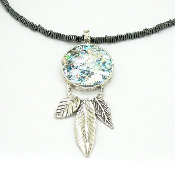 Necklace - Hematite Necklace With Roman Glass & Silver Leaves