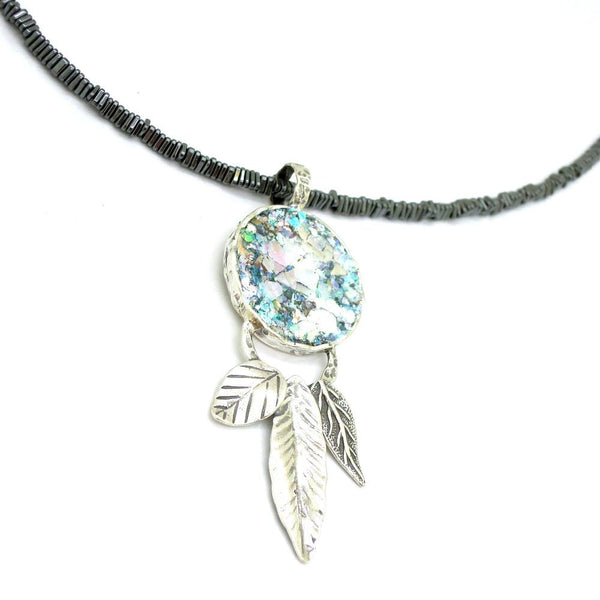 Necklace - Hematite Necklace With Roman Glass & Silver Leaves
