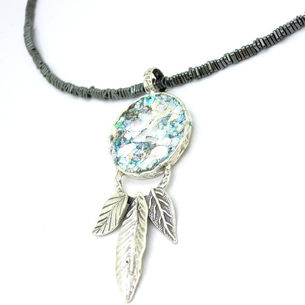 Necklace - Hematite Necklace With Roman Glass & Silver Leaves