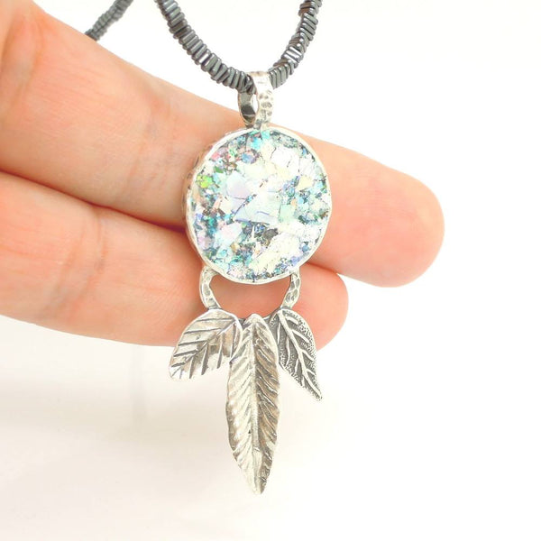 Necklace - Hematite Necklace With Roman Glass & Silver Leaves