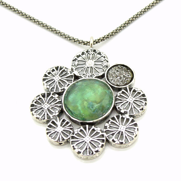 Necklace - Large Pendant Necklace, Flower Shaped With Roman Glass & Agate Platinum