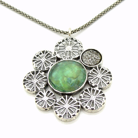 Necklace - Large Pendant Necklace, Flower Shaped With Roman Glass & Agate Platinum