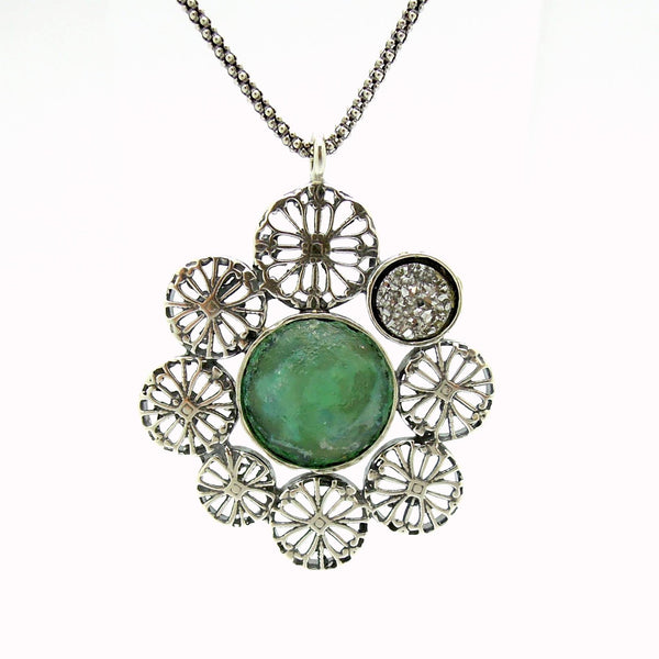 Necklace - Large Pendant Necklace, Flower Shaped With Roman Glass & Agate Platinum