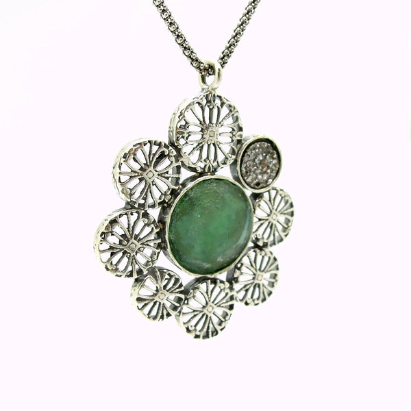 Necklace - Large Pendant Necklace, Flower Shaped With Roman Glass & Agate Platinum