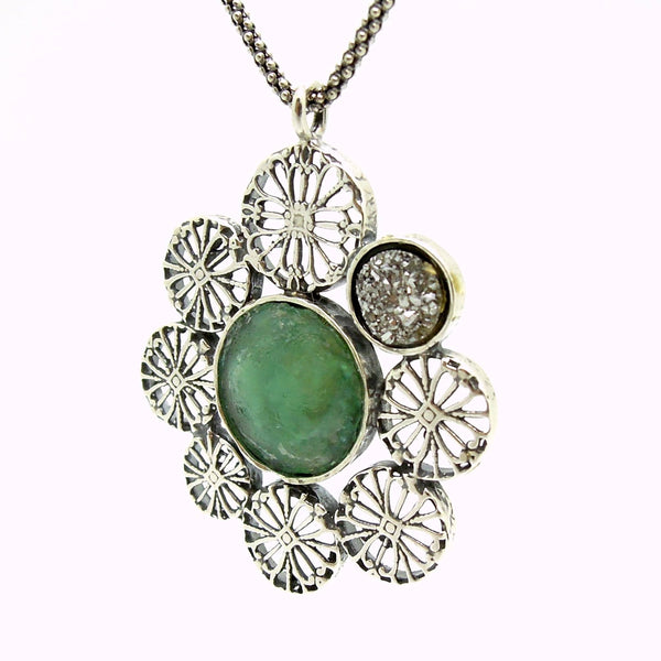 Necklace - Large Pendant Necklace, Flower Shaped With Roman Glass & Agate Platinum