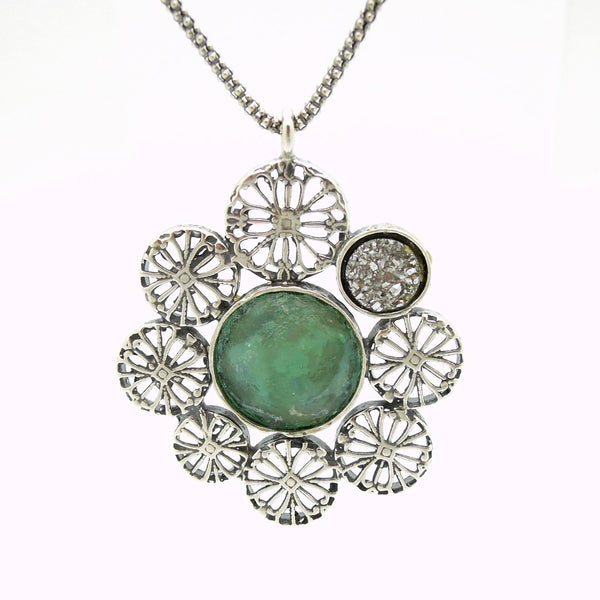 Necklace - Large Pendant Necklace, Flower Shaped With Roman Glass & Agate Platinum