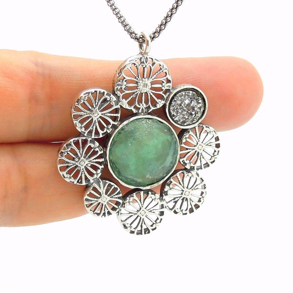 Necklace - Large Pendant Necklace, Flower Shaped With Roman Glass & Agate Platinum