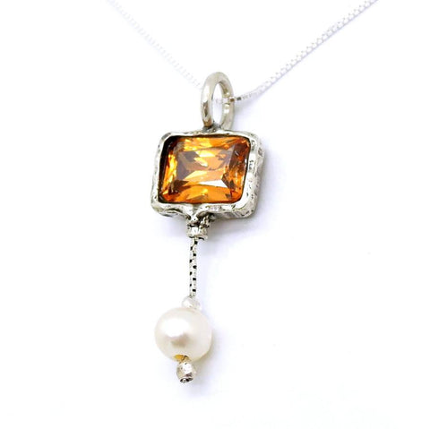 Necklace - Orange Zircon Silver Sterling White Pearl Necklace