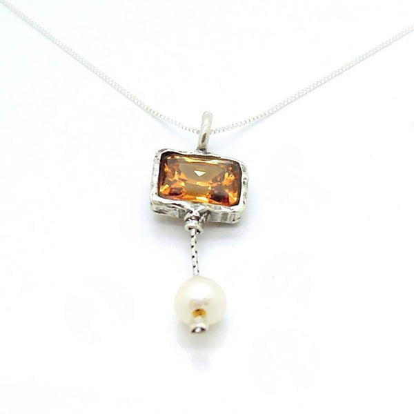 Necklace - Orange Zircon Silver Sterling White Pearl Necklace