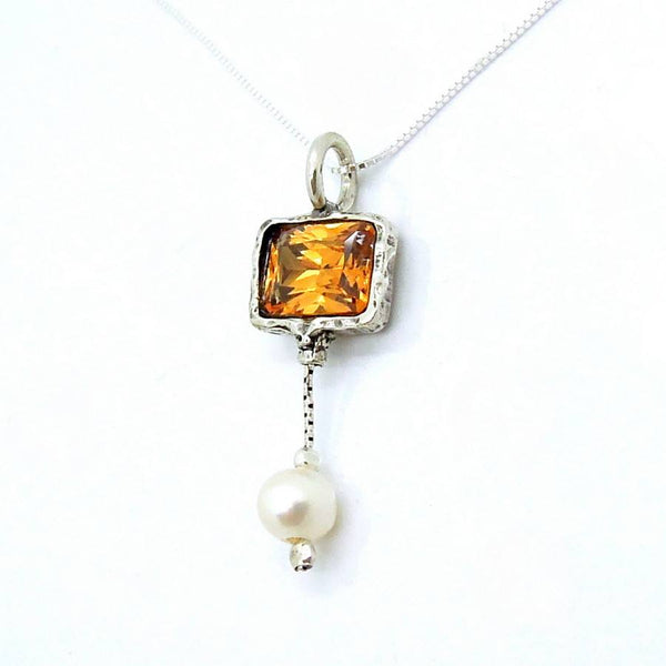 Necklace - Orange Zircon Silver Sterling White Pearl Necklace
